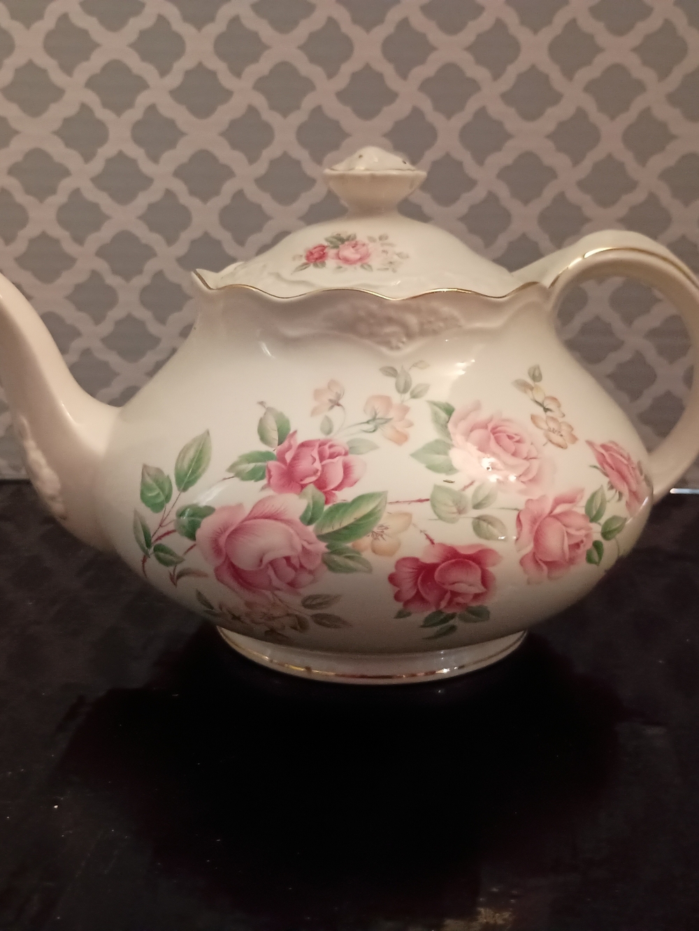 Vintage Crown Dorset Porcelain Teapot with Pink Rose Pattern and Gold Trim